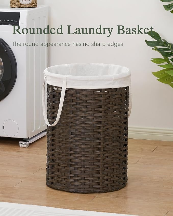 Laundry Basket Round Rattan Laundry Hamper 29.1 Gal (110 L) Handwoven Large Wicker Basket with Handles, Wicker Hamper with Removable Bags and 2 Mesh Bags for Bathroom Living Room Brown
