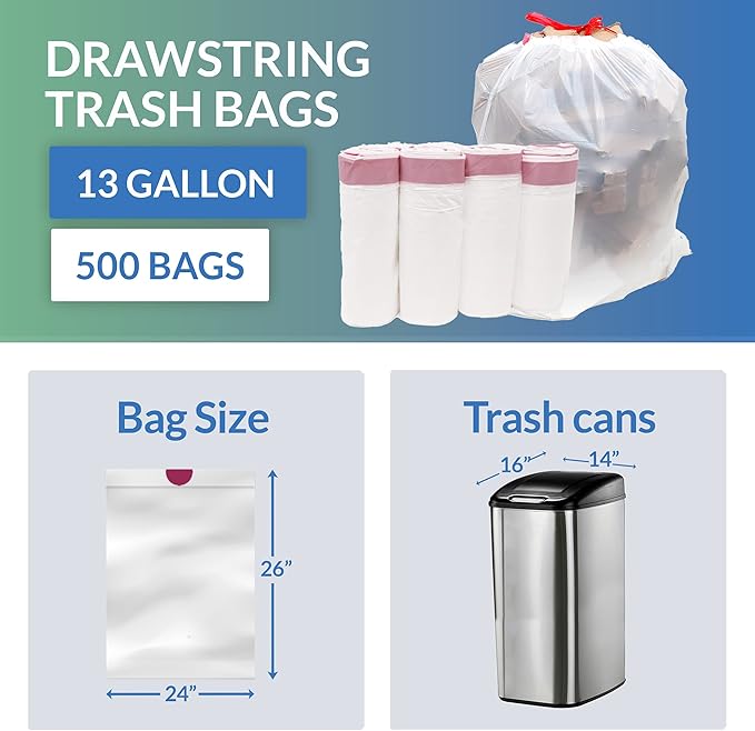 Reli. Tall Kitchen Drawstring Trash Bags 13 Gallon | 500 Count Bulk | Kitchen Garbage Bags | White | 13 Gallon - 16 Gal Capacity