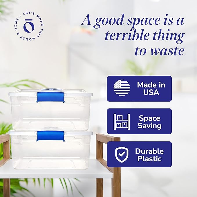 HOMZ 4-Pack Latching Lid, Small Clear Plastic Storage Bins w/ Lids, 15.5 Quart, Blue Latch - Stackable Container Boxes for Home, Bathroom, and Office Organization