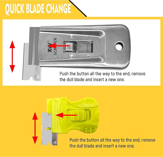 XW 7-Pack Razor Scraper Set, 4 PCS All-Metal Razor Blade Scrapers and 3 PCS Mini Plastic Scrapers, Extra 22 PCS Razor Blades Included