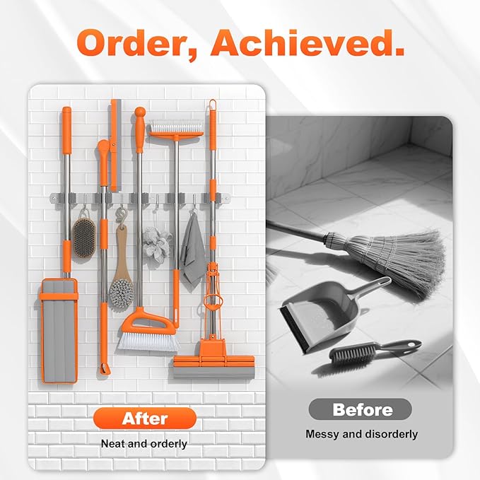 Broom Holder Wall Mount, Mop and Broom Organizer Broom Hanger Storage Tool Utility Racks Stainless Steel Wall Hooks Solid Mop Rack for Home Kitchen Garden Laundry Garage (5 Racks 4 Hooks)