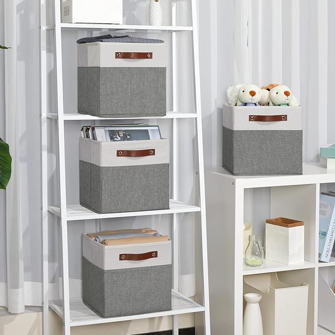 Temary Cube Storage Bins 4 Pack Storage Cubes 11×11 Fabric Storage Bins Foldable Cube Storage Baskets with Handles, Collapsible Storage Basket for Shelf (White & Grey, 11 x 11 x 11)