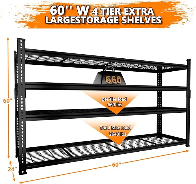 Storage Shelves Heavy Duty, 60"L x 24"W x 60"H Garage Wire Shelving Unit Loads 2640LBS, 4-tier Adjustable Metal Industrial Utility Shelf Rack for Kitchen, Laundry Room, Pantry, Warehouse, Basement