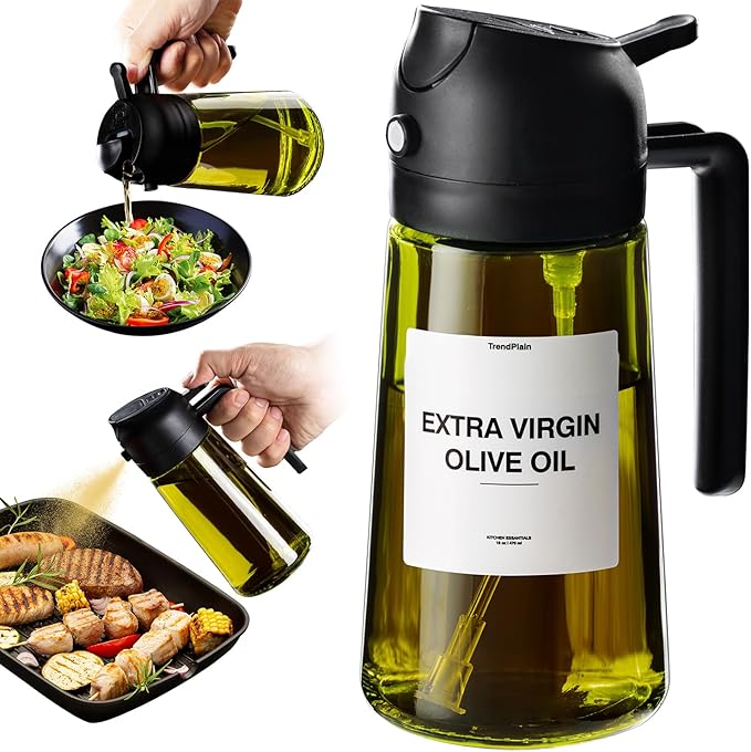 TrendPlain - Original 16oz/470ml Olive Oil Dispenser Bottle for Kitchen Gadgets and Air Fryer Accessories - Olive Oil Sprayer for Cooking w/Stickers - Black