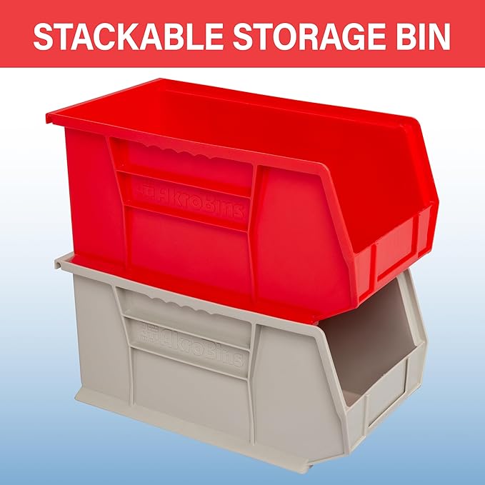 Akro-Mils 30240 AkroBins Plastic Storage Bins, Space-Saving Stackable Bins for Garage, Pantry, Craft Organization, 15-Inch x 8-Inch x 7-Inch, Red, 12-Pack
