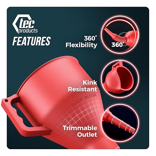 TEC Products FlexAll Long Flexible Funnel for Automotive Use - Durable Nitrile Rubber - Ideal for Car Oil Change, Transmission Funnel Fluid, Diesel, Fuel, Gas - Made in USA - Red (12 x 4 Inches)