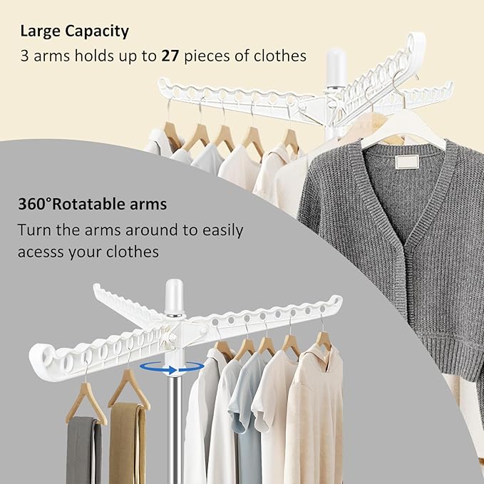 SUYU Clothes Drying Rack, Foldable Drying Rack Clothing, Laundry Drying Rack, 59-Inch Indoor Clothes Airer with 3 Rotatable Arms, Stainless Steel,4 Legs,White and Silver SNJ101
