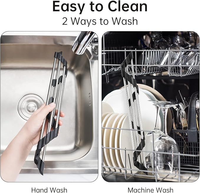 Tomorotec Foldable Stainless Steel Triangle Roll-Up Dish Drying Rack for Small Sink Corners - Over-The-Sink Multipurpose Kitchen Drainer, Rustproof Organizer, Trivet and Shelf - Space-Saving (Black)