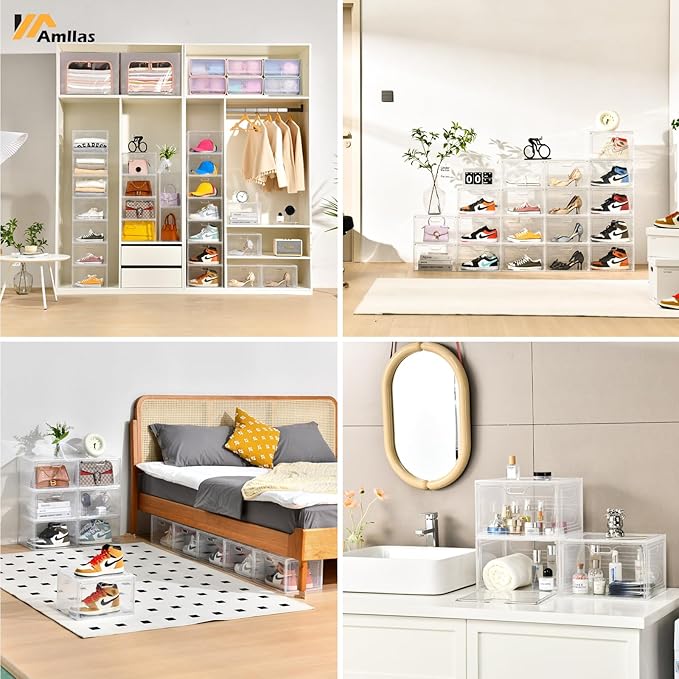 8 Pack Shoe Boxes Clear Plastic Stackable, Large Shoe Storage Organizer with Lids,Drop Side Shoe Containers for Entryway,Sneaker Storage Fit up to US Size 13 (13’’x 10.6”x 8.3”)
