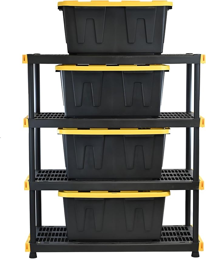 CX Black & Yellow, Shelving Unit and Heavy Duty Storage Containers, Extremely Durable (Shelf + 27 Gallon Container (4-Pack))