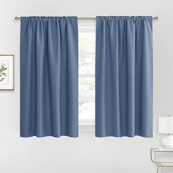RYB HOME Small Window Curtains Blackout, Privacy Thermal Insulating Drapes for Bedroom Bathroom Basement Cafe Classroom Window Decor, W 34 x L 45 inches, Stone Blue, 2 Panels