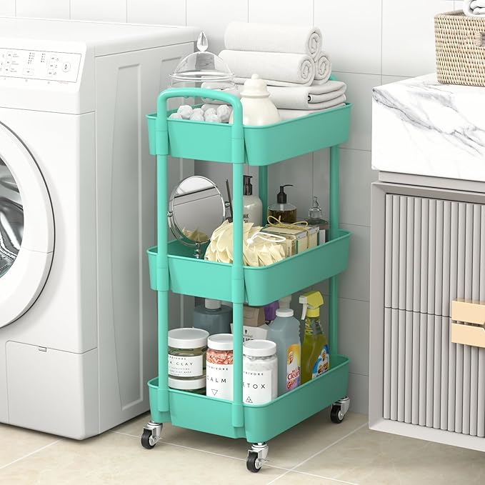 Sywhitta 3-Tier Plastic Rolling Utility Cart with Handle, Multi-Functional Storage Trolley for Office, Living Room, Kitchen, Movable Storage Organizer with Wheels, Green