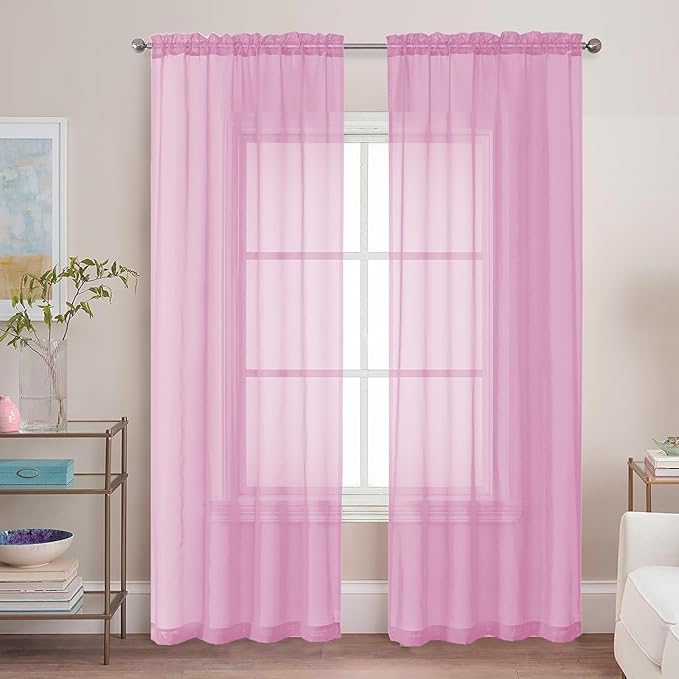 Chyhomenyc Light Pink Sheer Curtains 84 Inch Length 2 Panels, Light Filtering Cute Voile Pink Window Curtain Drapes for Girls Room，Each 42Wx84L Inches
