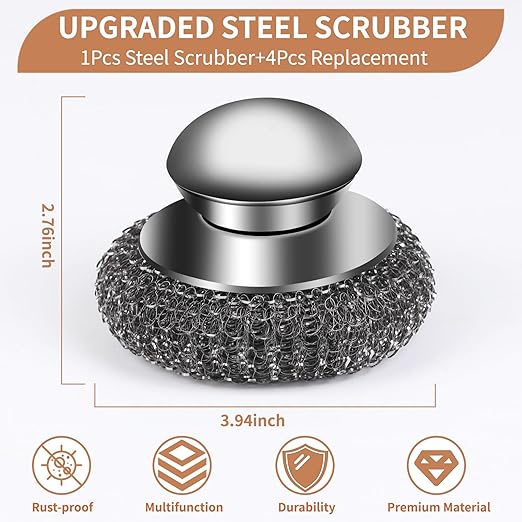5Pcs Steel Wool Scrubber with Replacement Wire Sponge Pads Set, Stainless Steel Scrubber with Handle for Scouring Stubborn Messes from Cast Iron, Pots, Pans, Grill, Stoves, Sink(1 Scrubber+4 Pads)