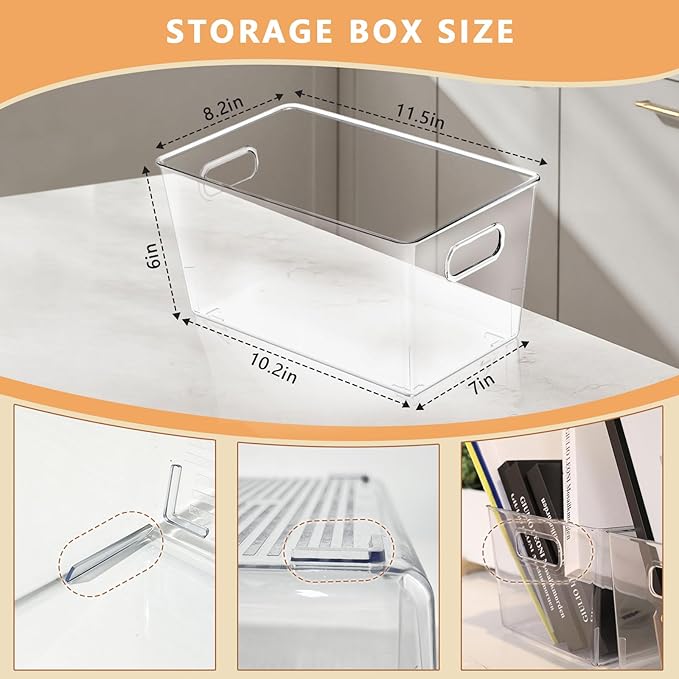 MOONEDGE 8-Pack Clear Plastic Storage Bins — Open-Top PET Containers and Organizers, 11" x 8" x 6" Clear Boxes for Pantry, Garage, Shelf and Multi-Purpose Home Organization