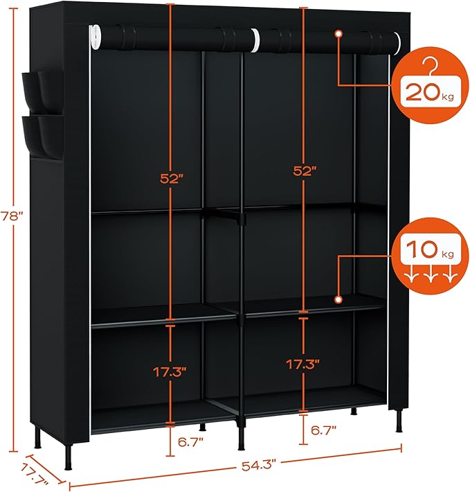 Portable Closet, 54.3 Inch Large Capacity Wardrobe Closet with Cover, Clothes Storage Organizer with Shelves and 2 Hanging Rods, Easy to Assembly, Black PCT102B01