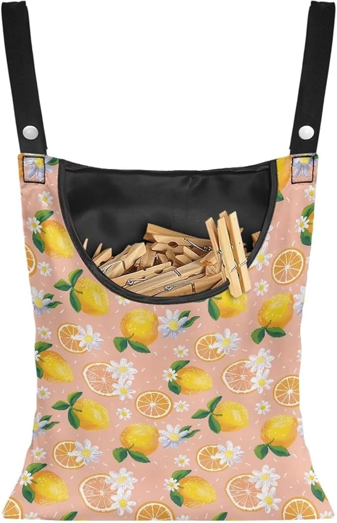 Lemon Print Clothespin Holder with Hanger Hook - Space-Saving Indoor and Outdoor Clothespin Organizer