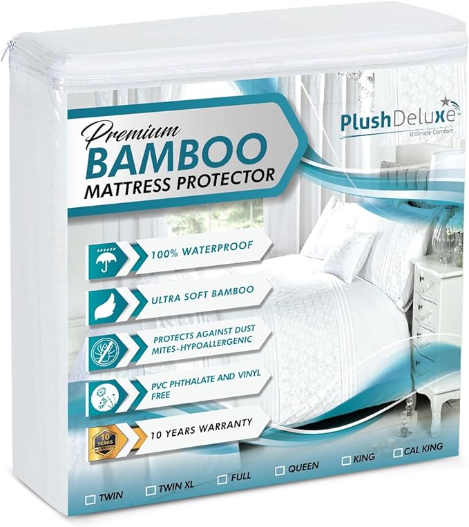 PlushDeluxe Premium Bamboo Mattress Protector – Twin XL Size, Waterproof, & Ultra Soft Breathable Noiseless Washable Bed Mattress Cover for Comfort & Protection - White
