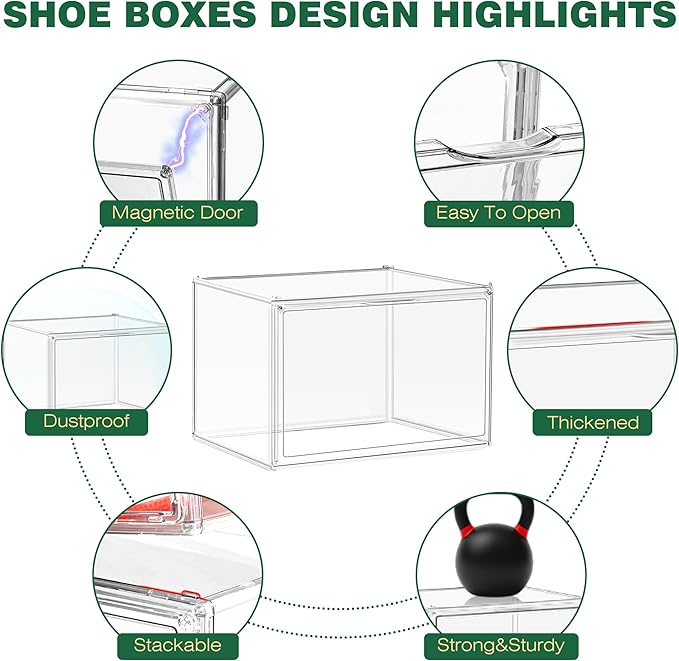 12 Pack Thicken Shoe Rack Organizer for Closet Acrylic Shoe Box with Magnetic Door Sneaker Display Case Handbag Purse Organizer, Fit up to US Size 14