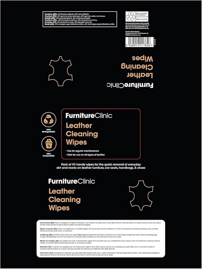 Furniture Clinic Leather Cleaning Wipes | 80 Count | Clean & Restore Leather & Vinyl Furniture, Handbags, Jackets, Car Seats, Interiors & More | Residue & Streak-Free | for Everyday Use