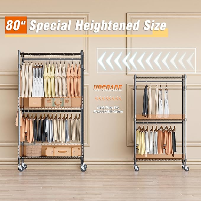 Homdox Heavy Duty Clothing Rack with 3 Tier Adjustable Wire Shelves, Garment Racks for Hanging Clothes, Double Rods Clothing Rack, Freestanding Closet Wardrobe with Side Hooks, Black