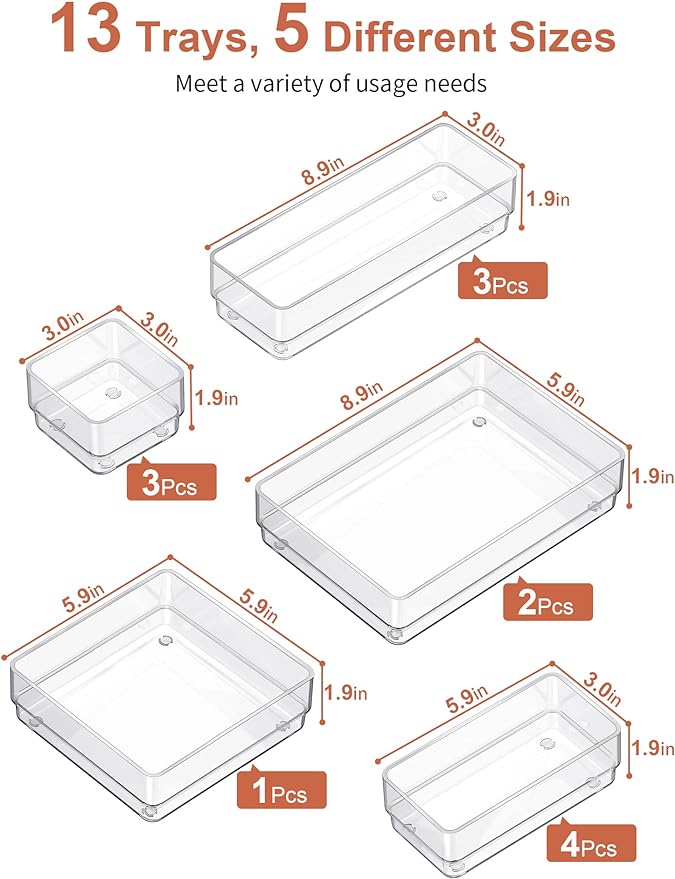 SMARTAKE 13-Piece Drawer Organizer with Non-Slip Silicone Pads, 5-Size Desk Drawer Organizer Trays Storage Tray for Makeup, Jewelries, Utensils in Bedroom Dresser, Office and Kitchen (Clear)