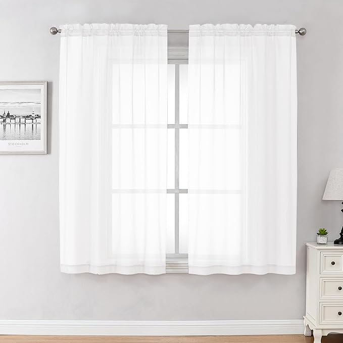 Chyhomenyc White Sheer Curtains 45 Inch Long 2 Panels, Short Voile Drapes for Dinning Small Windows Bathroom Living Room Bedroom, Rod Pocket, 42Wx45L Inches