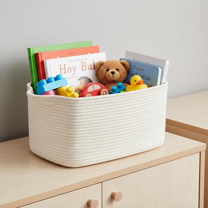 Cotton Rope Storage Basket 15"x10"x9" – Fabric Storage Bins for Organizing Clothes,Toys,Blankets – Durable Woven Storage Basket for Closet, Shelf & Living Room
