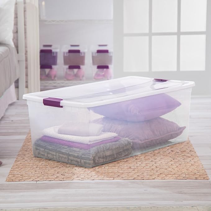 Sterilite 4-Pack 110 Quart ClearView Latch Box, Stackable Organizer Bins with Latching Lids - Clear Plastic Organization Containers for Closet, Bedroom, Shelving Units and Everyday Home Storage