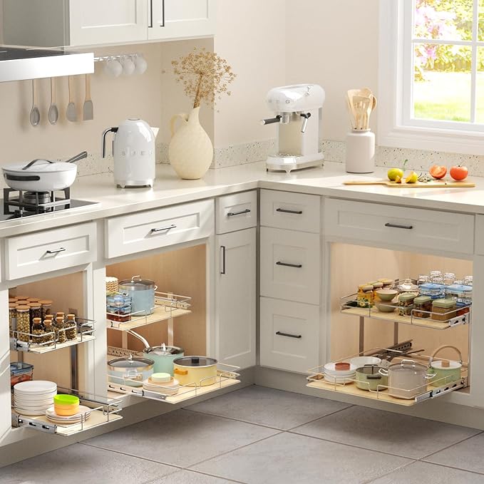 ROOMTEC 2 Tier Individual Pull Out Cabinet Organizer 10½"W x 21½"D, Slide Out Wood Shelves Organizers, Pull Out Drawers Organization and Storage for Kitchen Cabinet