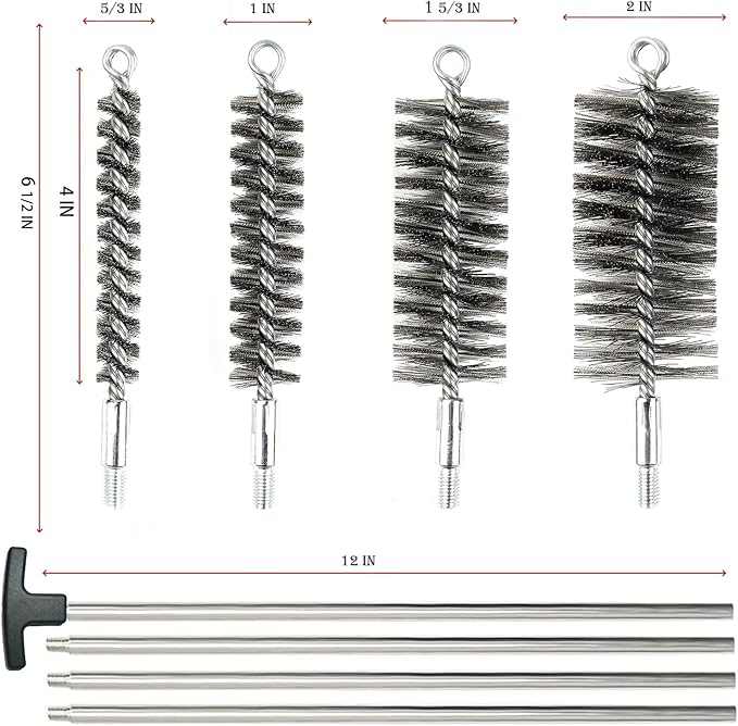 50 in Pipe Cleaning Brush Set with Stainless Steel Bristles, Wire Brush with 4pcs Galvanized Rod, Stainless Steel Pipe Brush 4pcs for Auto Parts, Bottles, Tubes. (3/5, 1, 1 3/5, 2 in Brush Heads)