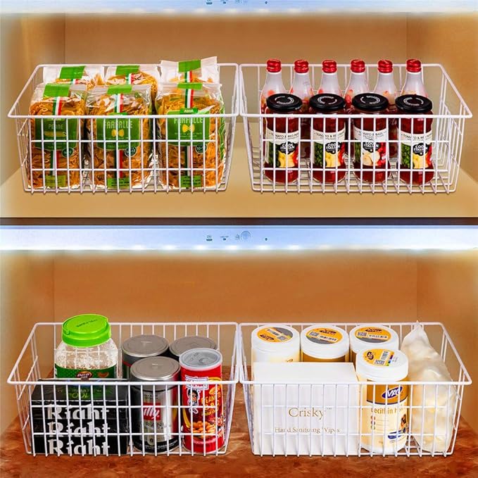 SANNO Wire Metal Baskets Freezer Baskets Farmhouse Organizer Storage Bins Large Organizer Bins for Shelf Storage, Office, Bathroom, Pantry Organization Storage Bins Rack with Handles-Set of 6
