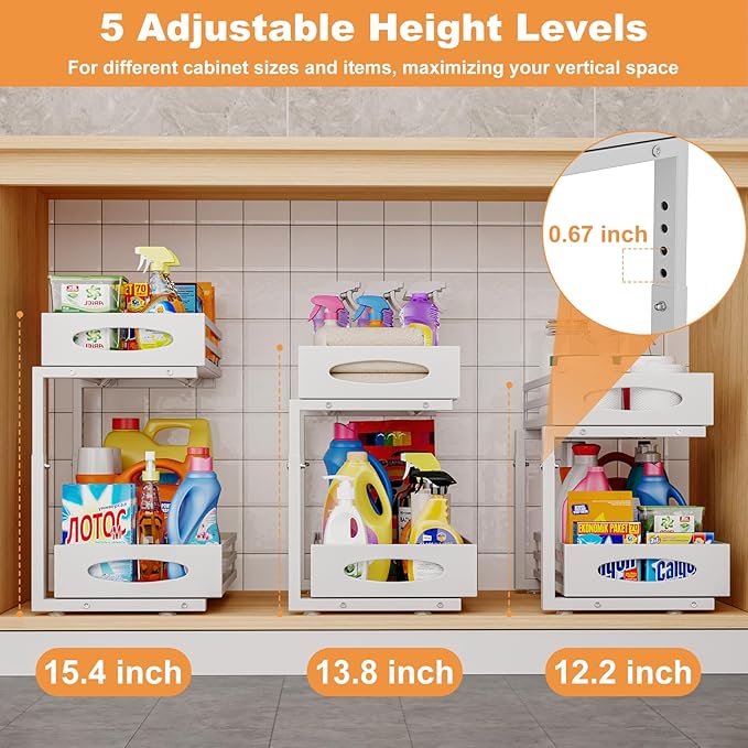 Under Sink Organizer, 2 Tier Under Sink Organizers and Storage, Adjustable Height, Slide Out Metal Cabinet Organizers, Pull Out Cabinet Storage Drawer Shelf for Kitchen Bathroom White, 1 Pack