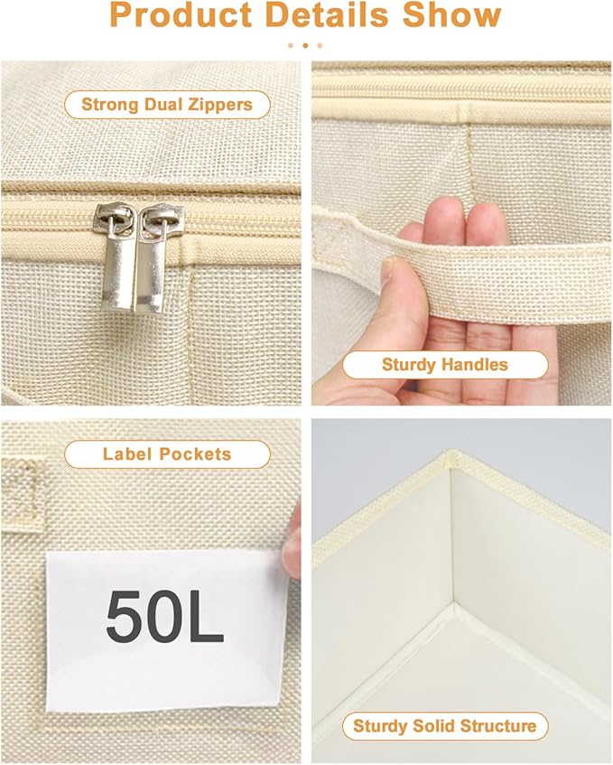 Under Bed Storage, 2 Pack Clothing Storage Bags W/Upgraded Handles, Large Capacity Underbed Shoe Container Organizer, Breathable Dorm Essentials Bins for Blanket, Pillows, Comforters & Quilts, Beige