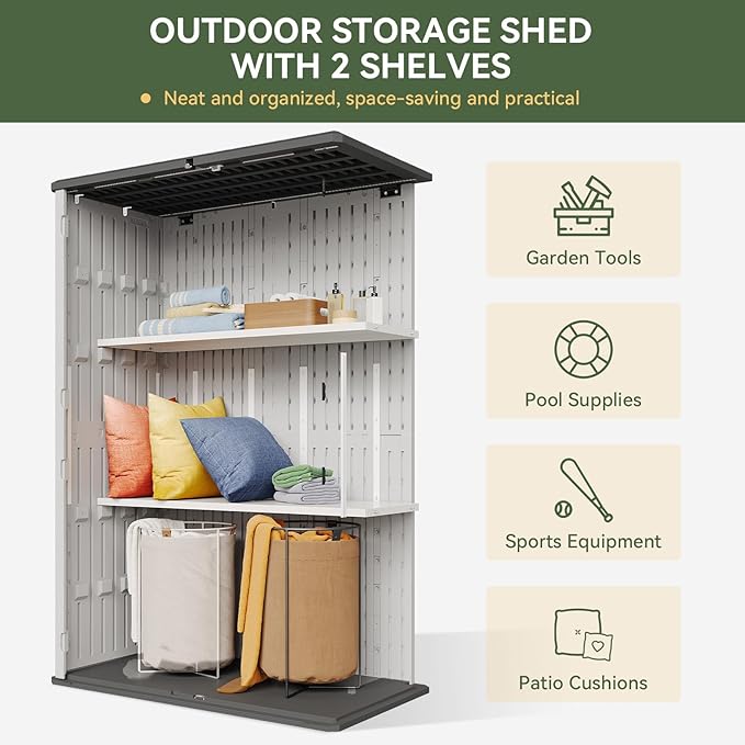 Aoxun 64 Cu.Ft Outdoor Storage Shed with Floor and 2 Shelves, Waterproof Horizontal Resin Cabinet for Garage Storage, Pool Storage, Bike Shed, Garden Shed