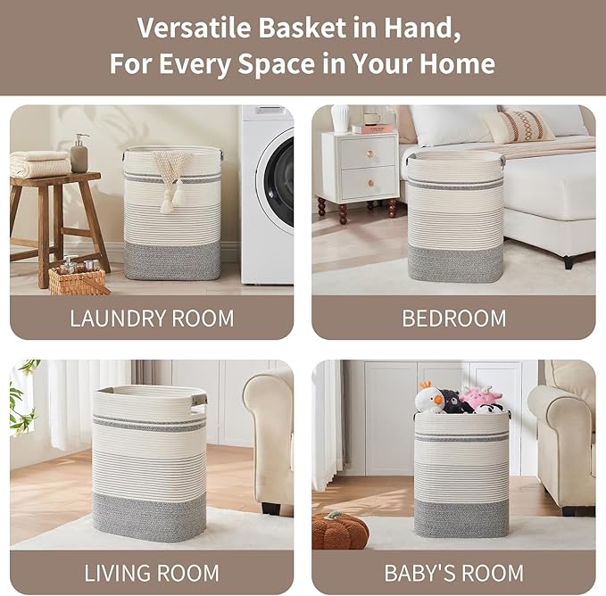Laundry Basket with Handles - Blanket Basket & Hampers for Bedroom Aesthetic, Laundry Hamper & Blanket Storage for Living Room, Clothes Hamper, Tall, Large 17" x 14" x 22”, Grey & White