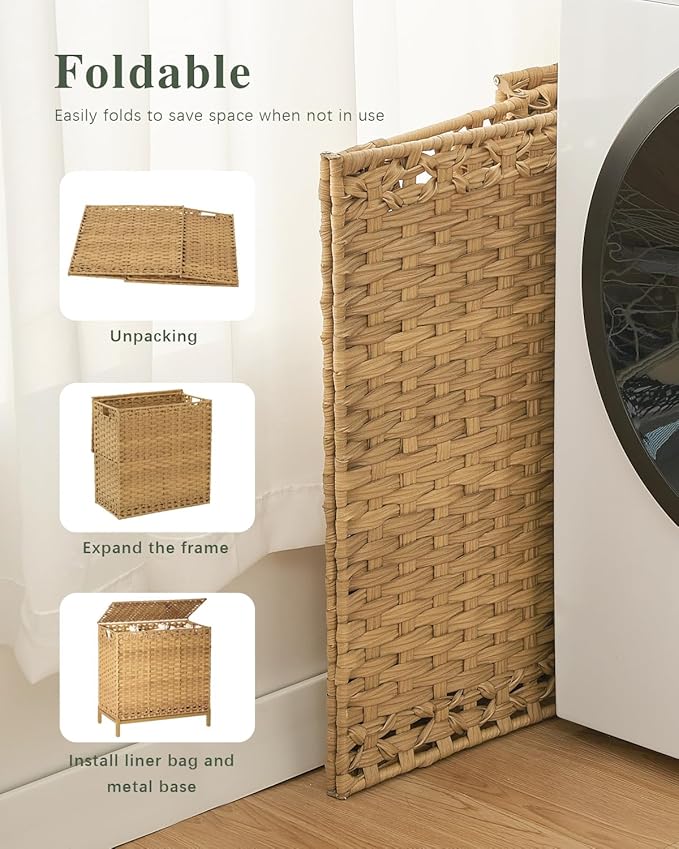 Laundry Hamper with Lid 132 L, (35 Gallons) Clothes Hamper with Lid, Handwoven Rattan Laundry Hamper with Metal Heightened Feet, Laundry Hampers with 3 Removable Liner Bags for Laundry-Natural