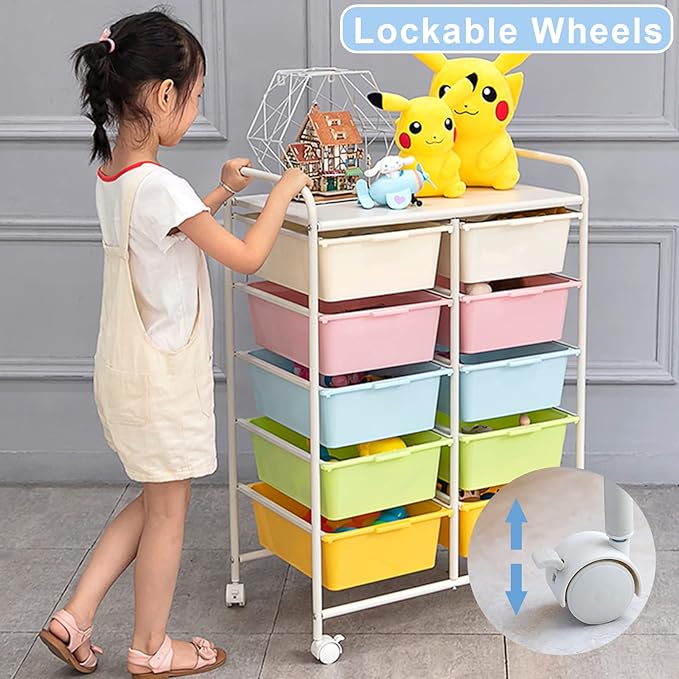 Rolling Cart with 10 Drawers, Plastic Drawer Cart with Metal Frame, Multipurpose Art Craft Cart Organizer with Wheels, Utility Cart with Drawers for Home, Office, School, White
