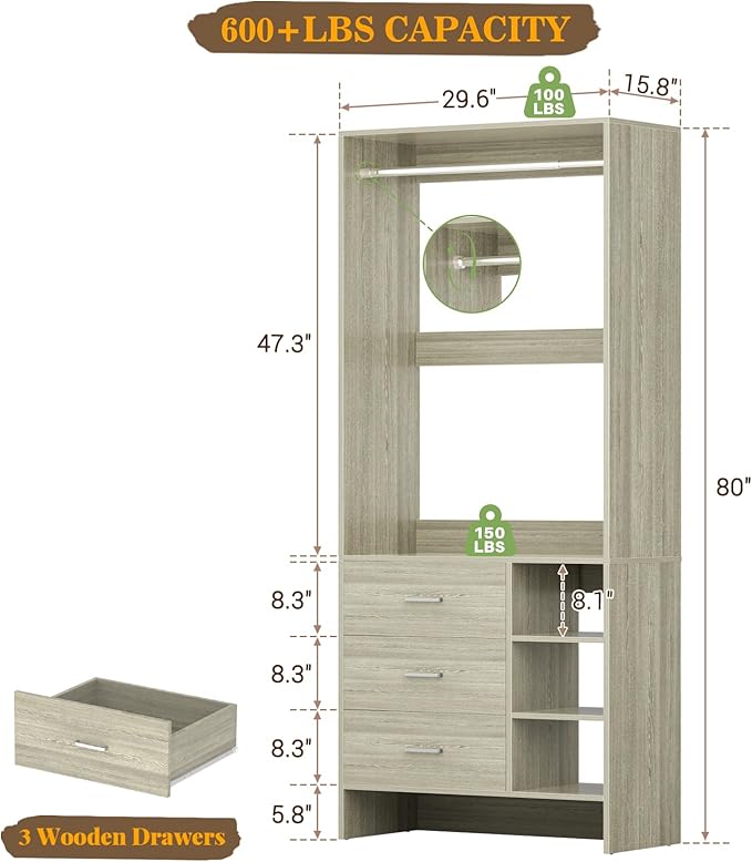 Aheaplus 2.5FT Closet System with 3 Drawers, 29.5’’ Closet Organizer, Wood Closet Organizer System, Walk-in Closet or Small Closets Wardrobe, Clothes Rack with Hanging Rods,-E6, White Oak