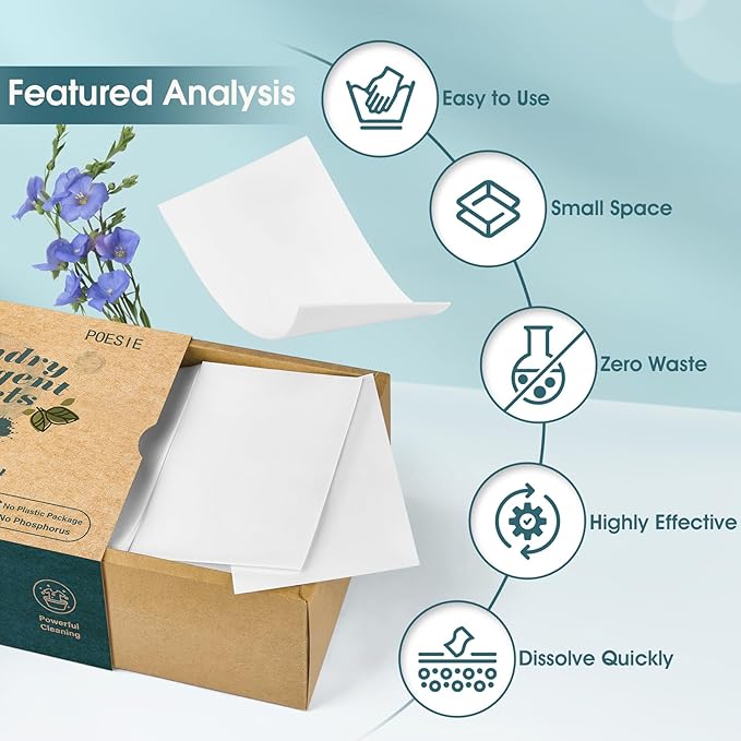 Poesie Laundry Detergent Sheets Fresh Linen Scent 160 Sheets 80 Large Loads Plastic Free Fast Dissolve Washing for All Washing Machine Traveling Dorm Life Save Space