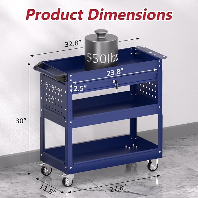3 Tier Rolling Tool Cart on Wheels, Heavy Duty Service Cart Industrial Utility Cart with Drawer and Screwdriver Rack Pegboard, 550 LBS Mobile Tool Storage Organizer for Garage, Workshop (DARKBLUE)