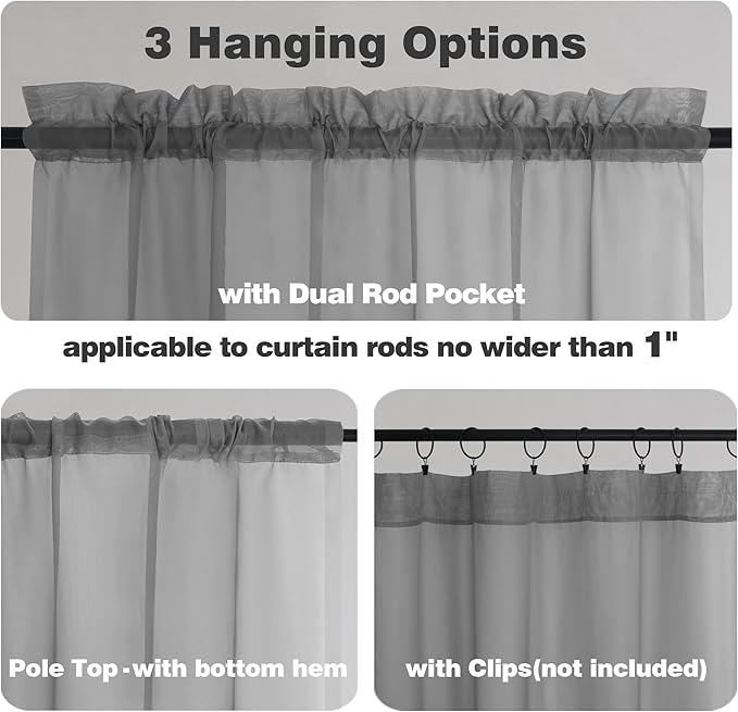 Chyhomenyc Extra Long Sheer Curtain Panels 96 Inches, 2 PCS, Voile Top Dual Rod Pockets Soft Touching Window Drapes Treatment for Children Room/Bedroom/Living Room/Hotel, 42W x 96L inch, Charcoal Grey