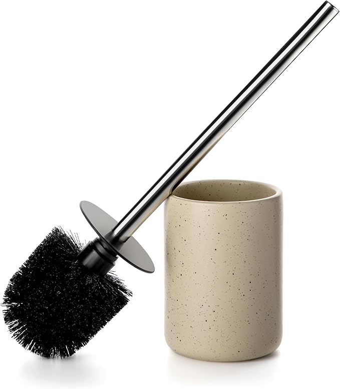 Ceramic Toilet Brush & Holder Set - Freestanding Deep-Cleaning Toilet Bowl Cleaner Brush, Stainless Steel Handle, Small & Sturdy for Storage, Easy to Clean, Non-Scratching