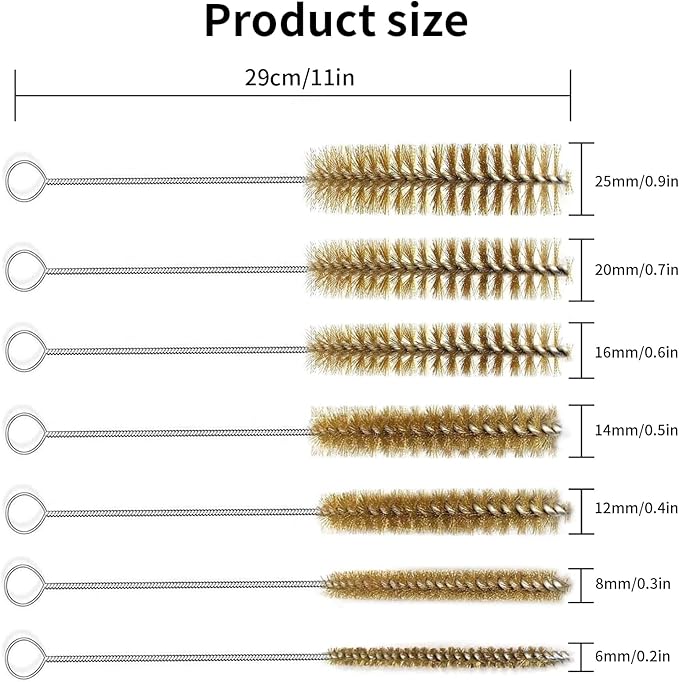 7pcs Brass Wire Tube Brushes Bottle Brush Set,11Inch Long Wire Brushes for Cleaning,Wire Pipe Cleaner Bore Brush Cleaning for Tubes,Bottle,Keyboards,Glass