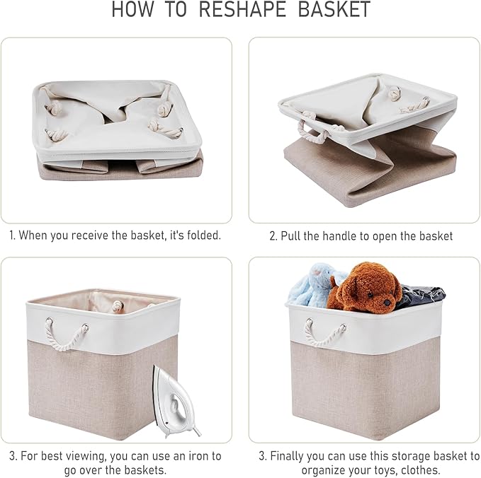 13 x 13 Inch Storage Cubes，6 Pack Cube Storage Bins for Shelves，Fabric Collapsible Storage Bins with Handles, Foldable Storage Basket for Organizing Clothes, Toys, Books (White&Beige)