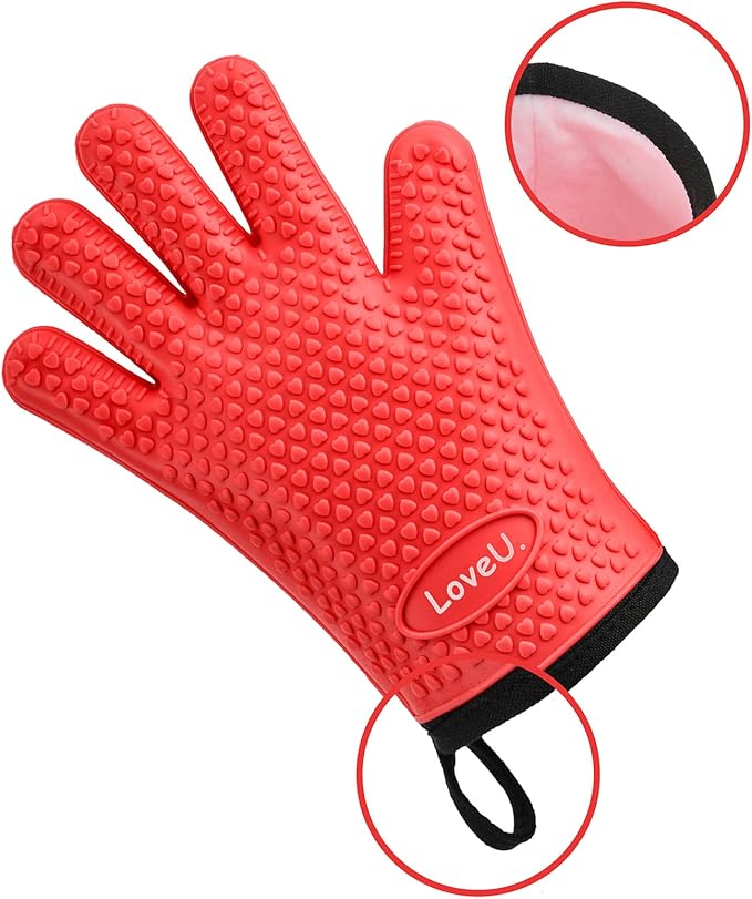 Kitchen Oven Gloves - Silicone and Cotton Double-Layer Heat Resistant Oven Mitts/BBQ Gloves/Grill Gloves - Perfect for Baking and Grilling - 1 Pair (Small, Red)