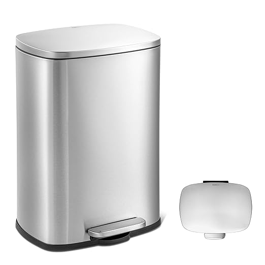 QUALIAZERO 50L / 13 Gallon Stainless Steel Step-On Kitchen Trash Can Soft-Close Lid, Fingerprint-Resistant, Removable Liner, Slim Rectangle Modern Design for Home, Office, Commercial