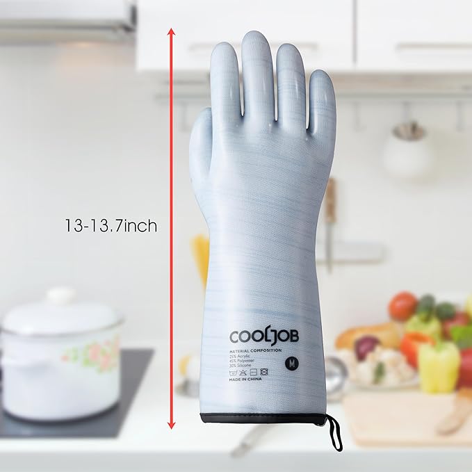 COOLJOB Heat Resistant Oven Gloves, Waterproof Liquid Silicone BBQ Grilling Gloves for Barbecue, Kitchen Cleaning, Baking, Blue, Large