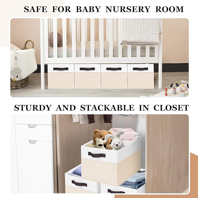 Criusia 4 Pack Baby Clothes Organizer Bins, Fabric Collapsible Storage Baskets with Handles, Odorless Storage Bins for Toy Clothes Nursery Kids Room Playroom Classroom (14L*10W*9.5H)