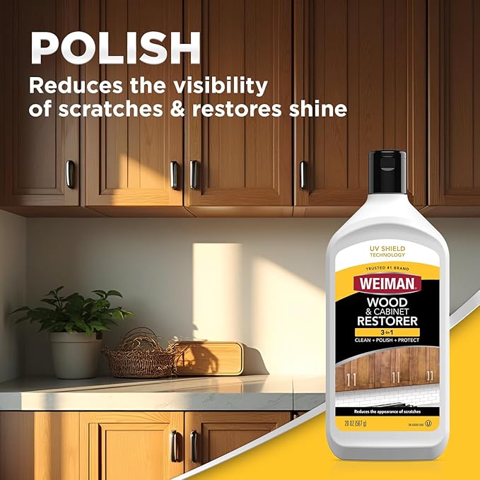 Weiman Wood and Cabinet Restorer 3-In-1 Bundle - Removes Dirt, Residue, Dust, Reduces Scratches, Restore Shine, Prevent Fading, UV Shield Technology, Safe for Antique Wood, Tables, Chairs, Cabinets